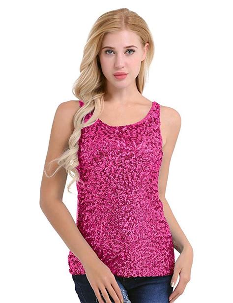 Feeshow Womens Sparkly Sequin Front Tank Top Round Neck Vest