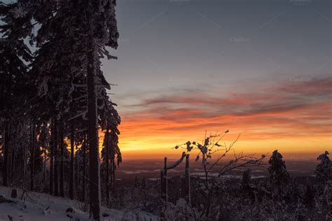 Winter Sunset Over Forest 02 ~ Nature Photos On Creative Market