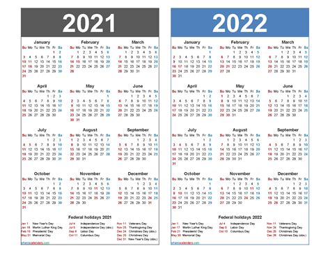 Federal Holidays 2021 Calendar Printable 2020 And 2021 Calendar