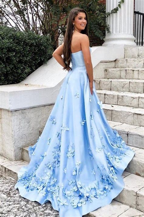 sweetheart sky blue long satin cheap prom dress with 3d floral applique oki2 vestidos