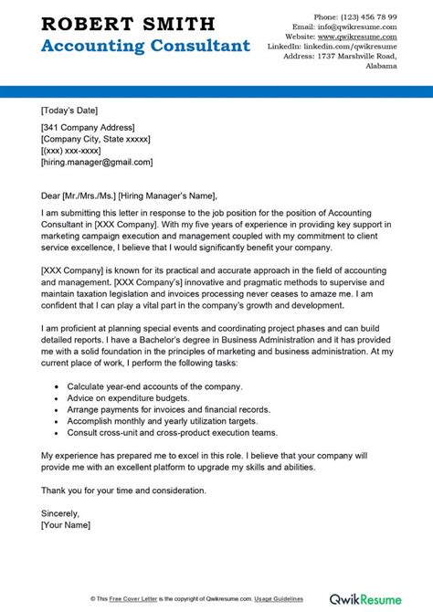 Accounting Consultant Cover Letter Examples Qwikresume