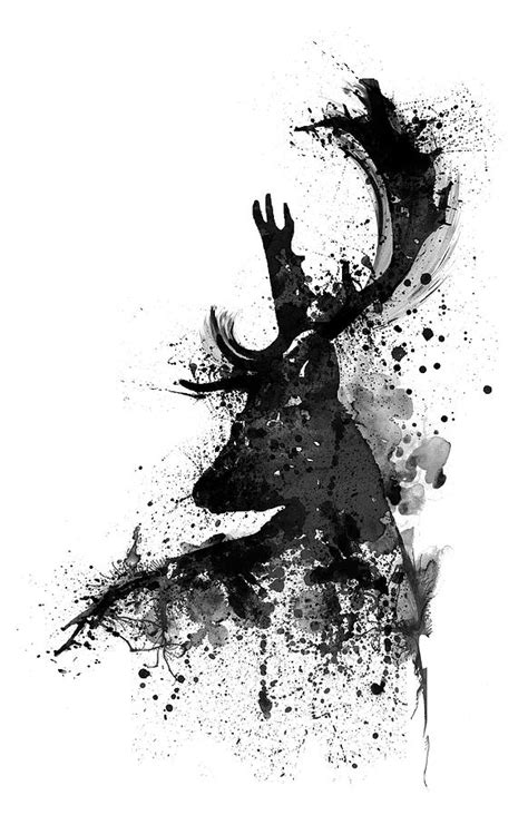 Black And White Deer Head Watercolor Silhouette Painting By Marian Voicu