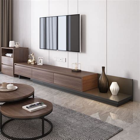 Minimalist 3 Drawer Retracted And Extendable Tv Stand In Walnut And Gray Up