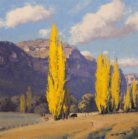 A Painting Of Yellow Trees And Mountains In The Background