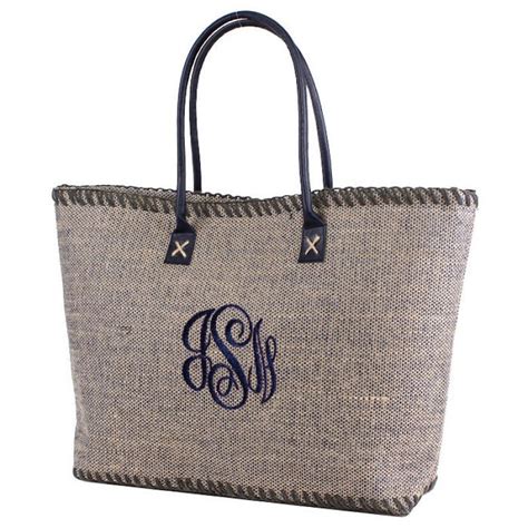 Monogrammed Jute Burlap Tote Bag Personalized Embroidered Etsy Uk