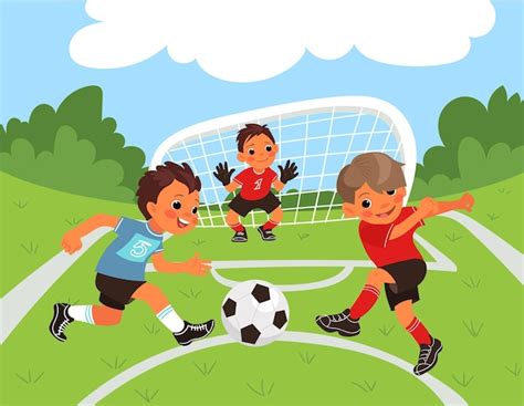 Premium Vector Children Soccer Boys Play Sport Competitive Game On