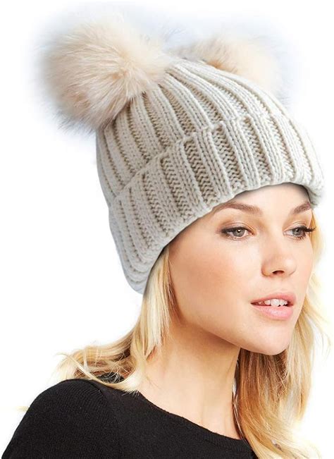 Womens Double Pom Pom Winter Beanie Bobble Hat Knitted Faux Raccoon Fur Detachable Ball Cap