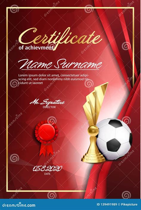 Soccer Certificate Diploma With Golden Cup Vector Football Sport