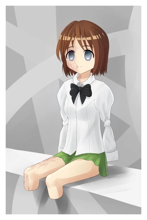 Safebooru Amputee Blue Eyes Bow Bowtie Brown Hair Burn Scar Green