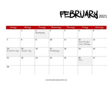 65 Free February 2021 Calendar Printable With Holidays 6 Calendar
