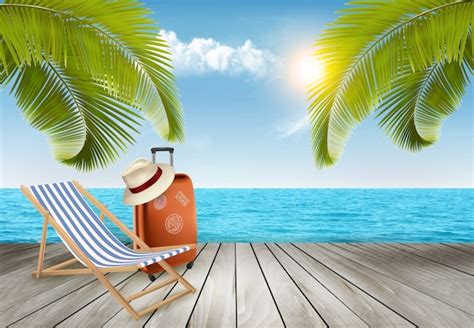 Fondo De Vacaciones Playa Con Palmeras Y Mar Azul Vector Premium