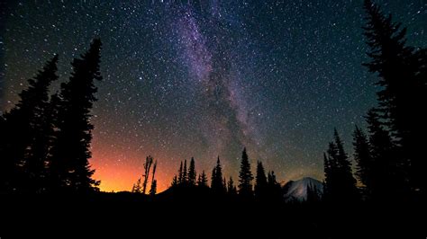 Landscape Night Trees Stars Milky Way Sunrise Silhouette