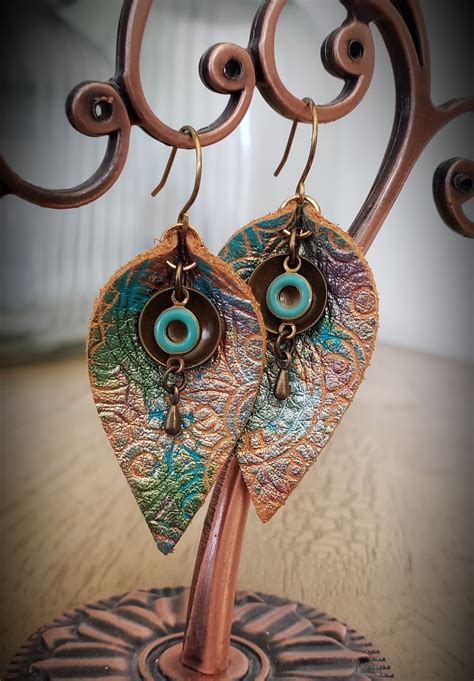 Leather Earrings Hand Painted Leather Earrings With Hand Etsy