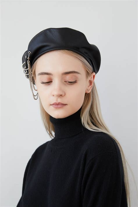 black cashmere leather beret with piercings and chains edgy beret with eyelets street style