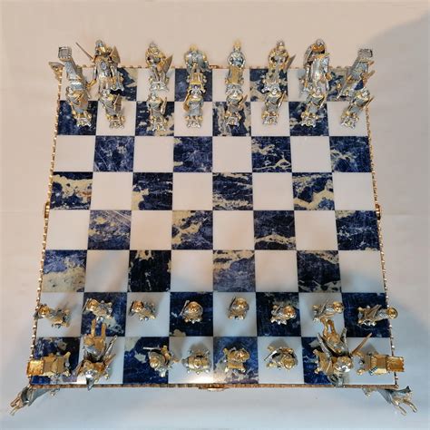 Italian Sterling Silver Chess Board Chess Game Sodalite Marble For