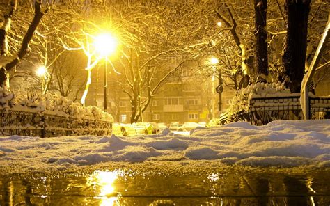 Photography Winter Night Lights Reflection Snow Wallpaper 1920x1200