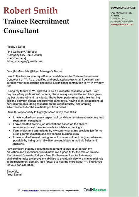 Trainee Recruitment Consultant Cover Letter Examples Qwikresume