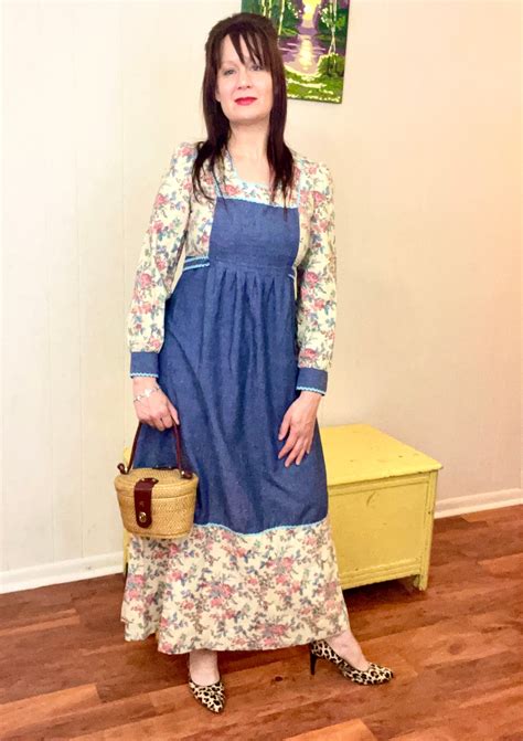 S Vintage Prairie Peasant Maxi Dress S Peasant Maxi Dress Floral And Chambray S Boho