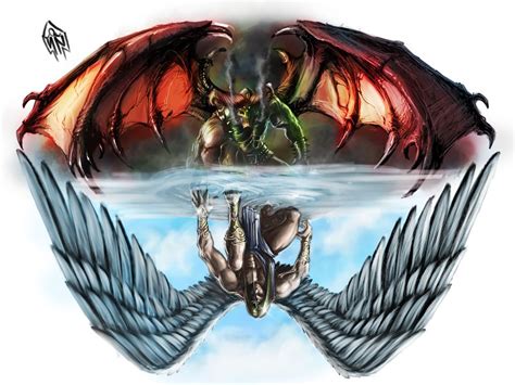 This tattoo design with blue and red lines depicts an angel and the devil, with the demon prevailing on the angel. Pin on devil