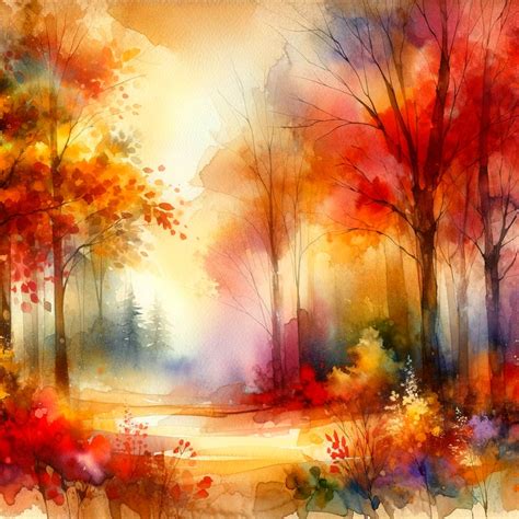 Watercolor Paintingautumn Landscape Brook Floral Landscape Mystical