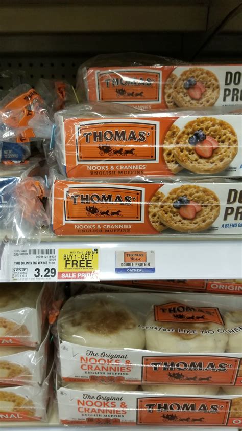 Simply like no other, they're crispy on the edges and chewy in the middle with a delicious taste you can't resist.enjoy with your favorite spread (we suggest butter or cream cheese) or as a sandwich, burger, personal pizza and more! Thomas English Muffins $1.10 - Kroger Couponing