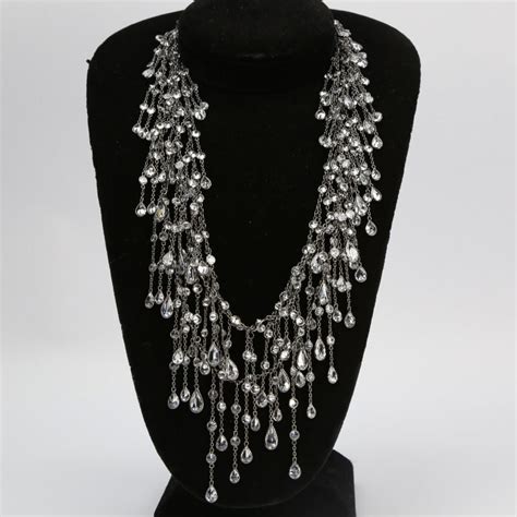 Multi Strand Cascade Swarovski Crystal Long Silver Necklace For Sale At