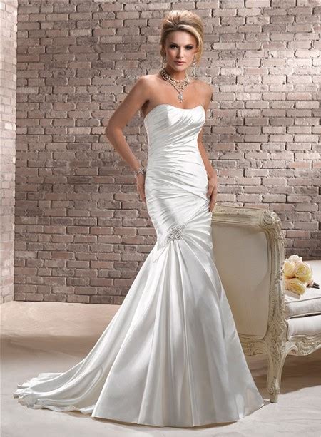 stunning fit and flare mermaid strapless ruched satin wedding dress corset back