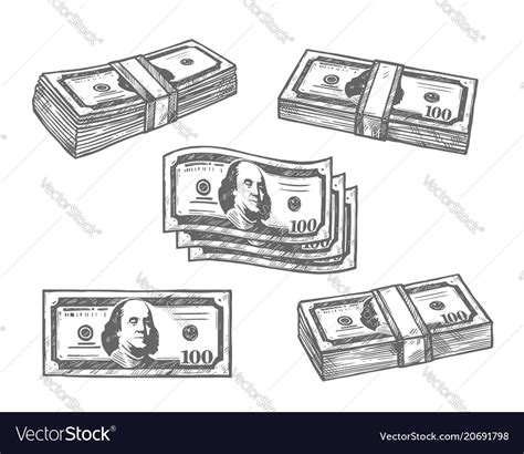 100 Dollar Banknotes Bundles Sketch Icons Vector Image