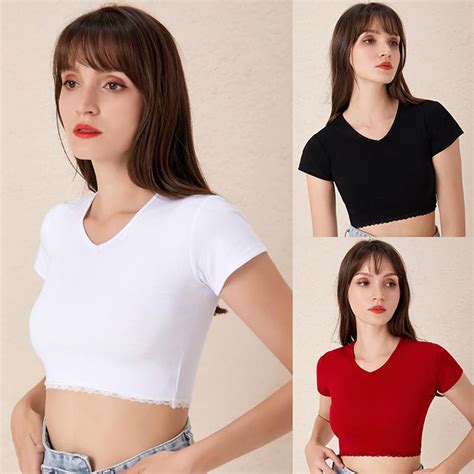 Buy Women Spring Summer Fashion Solid Color Exposed Navel V Neck Simple