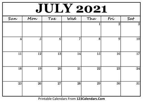 Printable July 2021 Calendar Templates