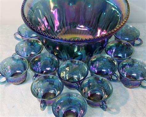 Blue Carnival Glass Punch Bowl Iridescant Blue By Millycatvintage Blue
