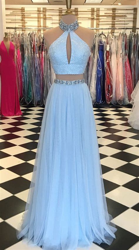 Light Blue Beaded Prom Dresshigh Neck Two Piece Prom Dressessplit Formal Dressblue Evening