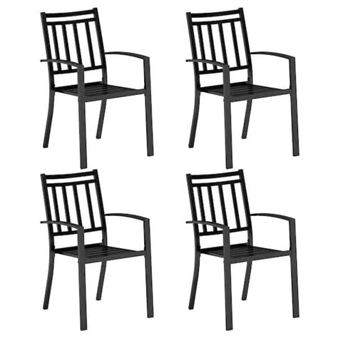 Phi Villa Black Stackable Stripe Metal Patio Outdoor Dining Chair 4