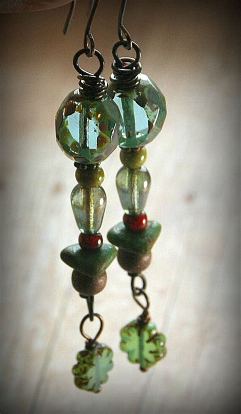 Rustic Czech Glass Bead Stacked Earrings By AllowingArtDesigns