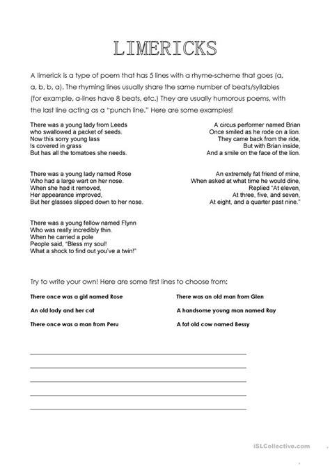 Required fields are marked *. Limericks worksheet - Free ESL printable worksheets made by teachers