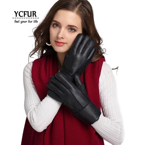 Ycfur Winter Warm Gloves Mittens Women Warm Fur Lining Real Sheepskin Leather Glove Female Lady