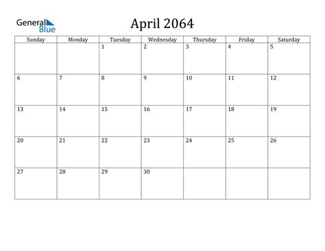 April 2064 Calendar Pdf Word Excel