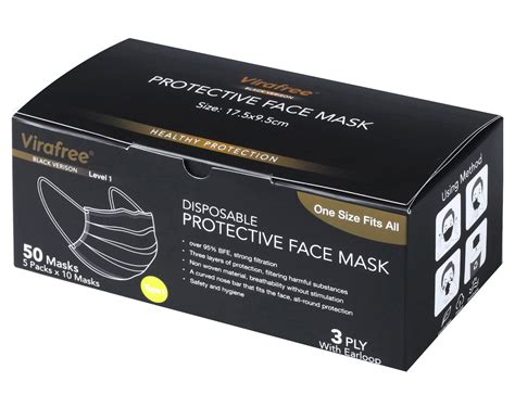 Virafree 3 Ply Disposable Protective Face Masks 50 Pack Black Catch