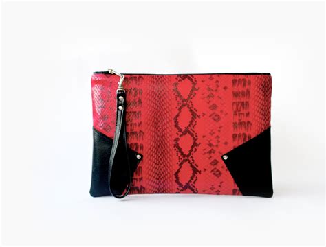 Red Black Snakeskin Leather Clutch Purse With Detachable Wrist Etsy