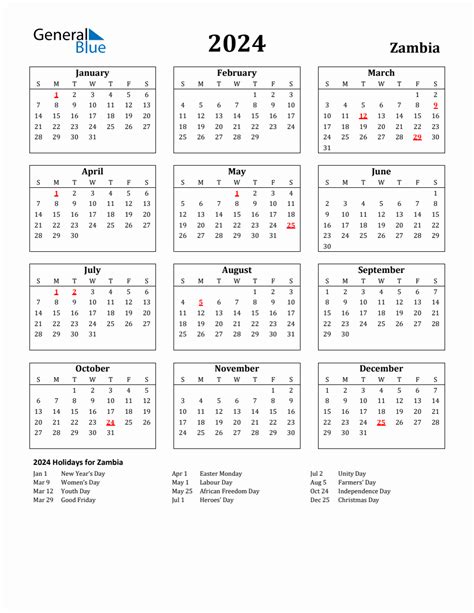 Free Printable 2024 Zambia Holiday Calendar