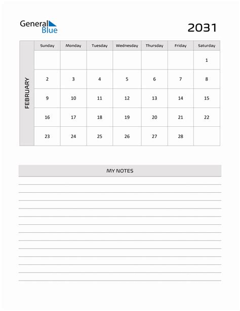 February 2031 Printable Monthly Calendar With Notes