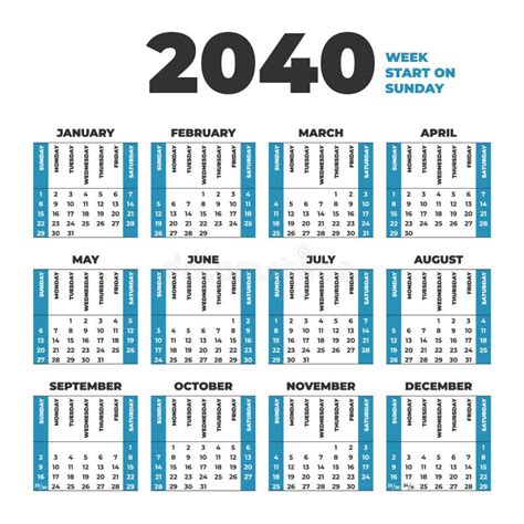 2040 Calendar Template With Weeks Start On Sunday Stock Illustration