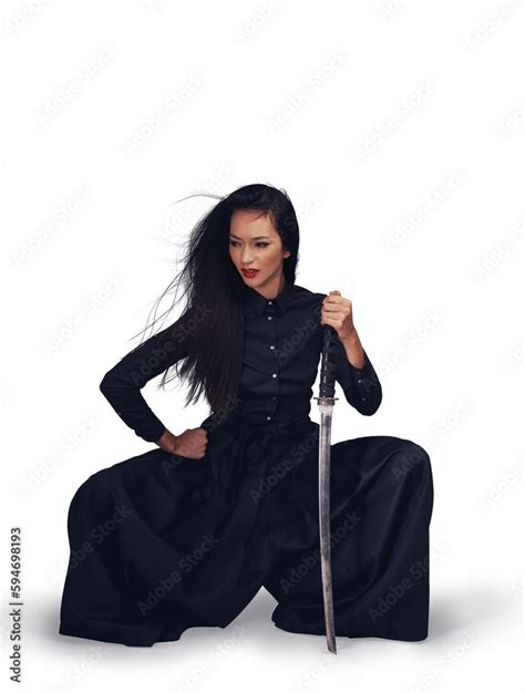 Samurai Woman Warrior Pose With Sword And Fantasy Japanese Cosplay