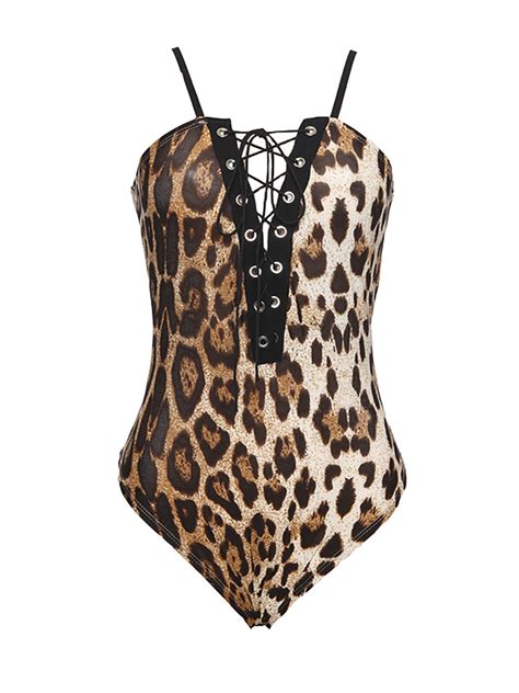 Brown Leopard Print Lace Up Cami Bodysuit Cami Bodysuit Cheetah