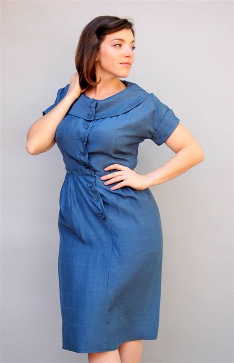 vintage 1960s dress all buttoned up slate blue silk wiggle