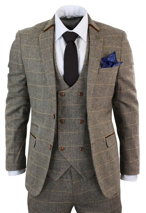 Mens 3 Piece Herringbone Tweed Tan Brown Check Suit Tailored Fit Double