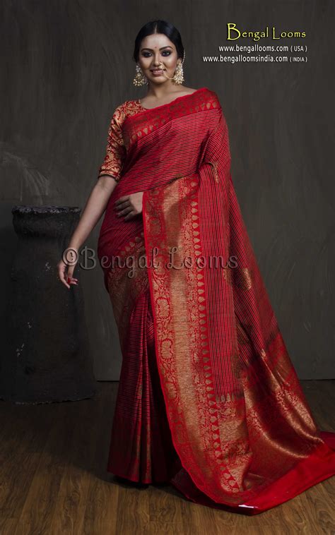Pure Handloom Tussar Silk Banarasi Saree In Rusty Red And Antique Gold