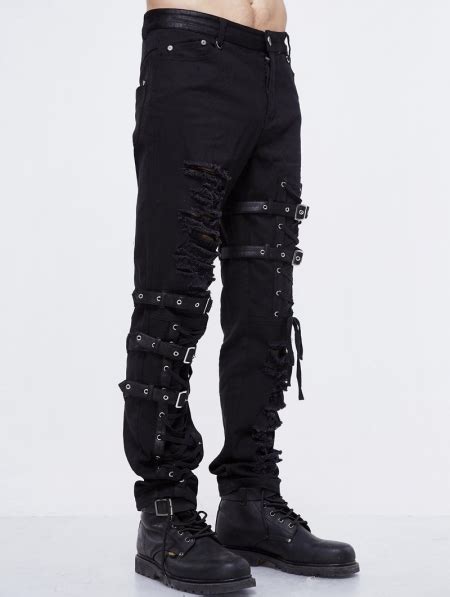 Black Gothic Punk Hole Long Jeans For Men Uk