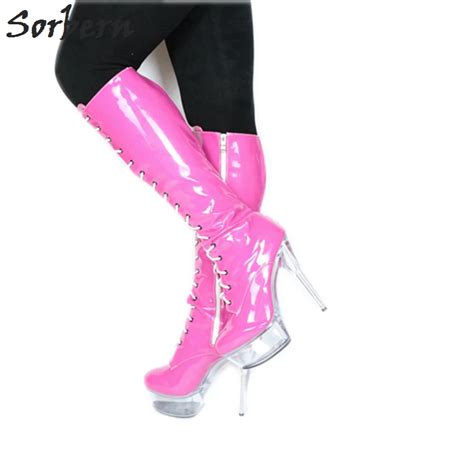 Sorbern Patent Pink Perspex High Heels Women Boots Knee High Sexy Lace Up Sales Shoes Women