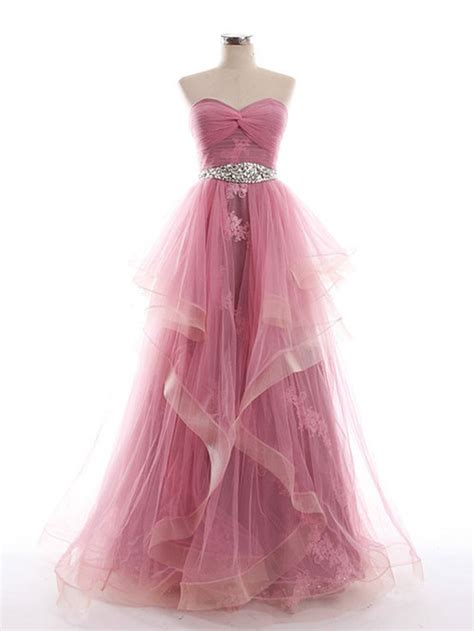 Hot Pink Prom Dress Ball Gowns Sweetheart Crystals Ruffles Tulle Bright